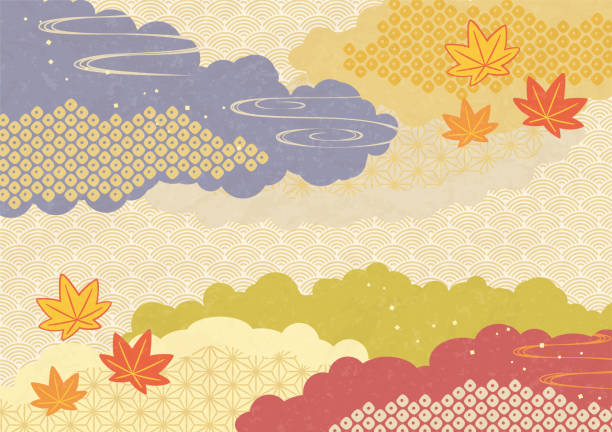 illustrations, cliparts, dessins animés et icônes de automne rétrobround avec des motifs traditionnels japonais - stipe