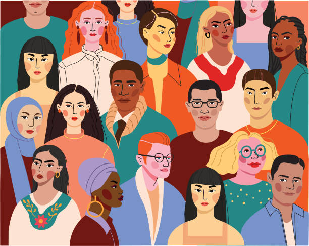 Crowd of young and elderly men and women in trendy hipster clothes. Diverse group of stylish people standing together. Society or population, social diversity. Flat cartoon vector illustration. stock illustration Crowd of young and elderly men and women in trendy hipster clothes. Diverse group of stylish people standing together. Society or population, social diversity. Flat cartoon vector illustration. stock illustration crowd of people drawings stock illustrations