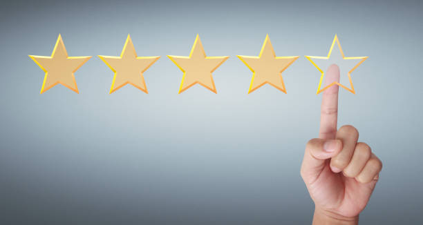 istock Hand of touching rise on increasing five stars. Increase rating evaluation 1328262657