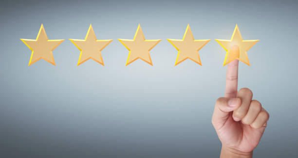 istock Hand of touching rise on increasing five stars. Increase rating evaluation 1328262658