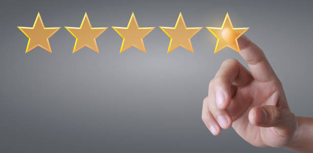 istock Hand of touching rise on increasing five stars. Increase rating evaluation 1328262659