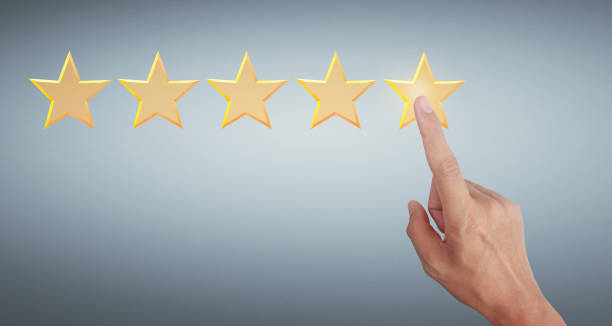 istock Hand of touching rise on increasing five stars. Increase rating evaluation 1328262660