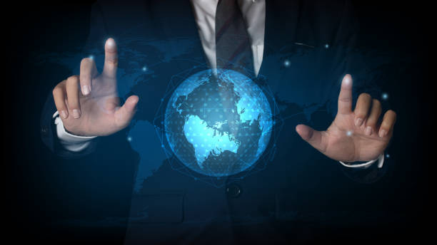 istock Businessman pointing spot on the global networking connection and communication network, Business network concept 1328263733