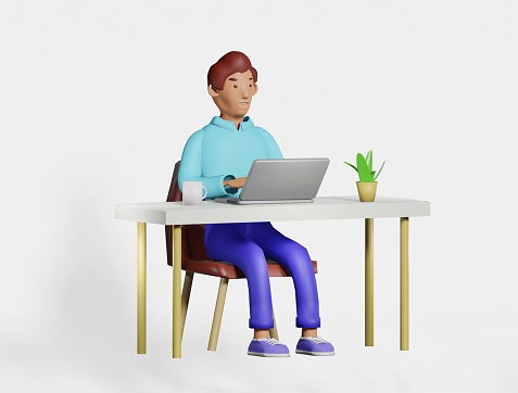 Illustration 3D character man at the desk office, home working using laptop.Smiling character freelancer, businessman working, cartoon style concept render