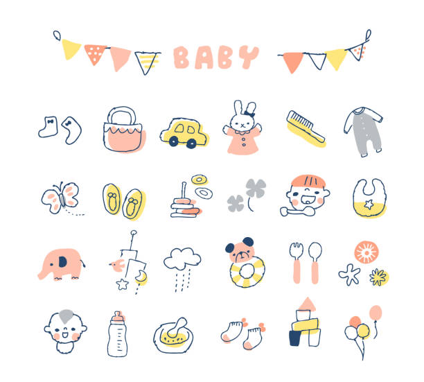 ilustracje różnych zestawów produktów dla niemowląt - baby stock illustrations