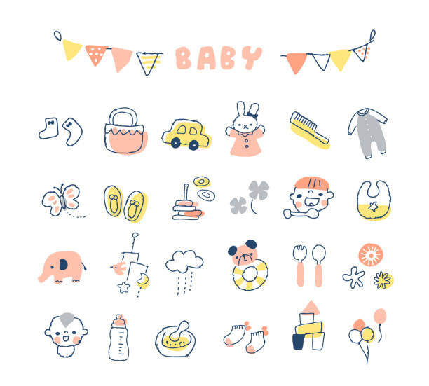 Illustrations of various baby product sets items, babies, icons, baby products, sets baby stock illustrations