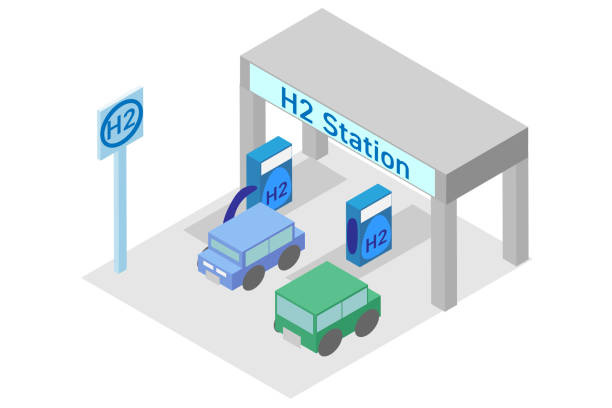 ilustrações de stock, clip art, desenhos animados e ícones de isometric hydrogen stations and hydrogen vehicles - isometric gas station transportation car
