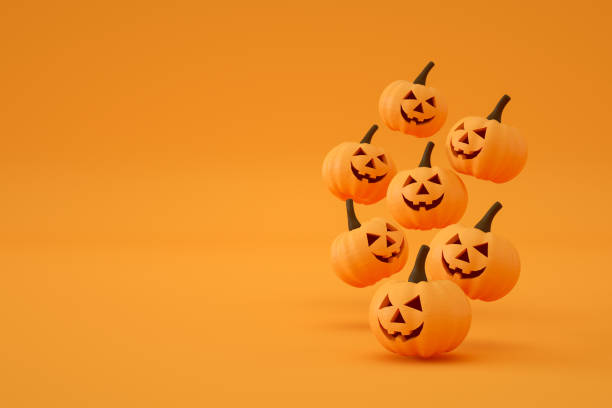 istock Pumpkins for Halloween with spooky face, Jack O' Lantern, Orange Color Background 1328267685