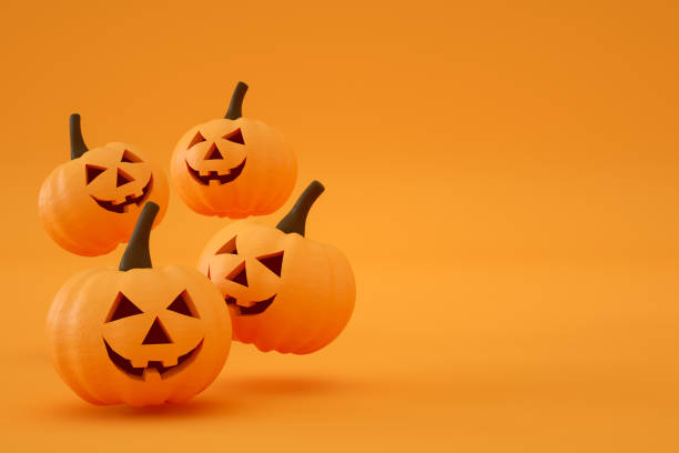 istock Pumpkins for Halloween with spooky face, Jack O' Lantern, Orange Color Background 1328267735