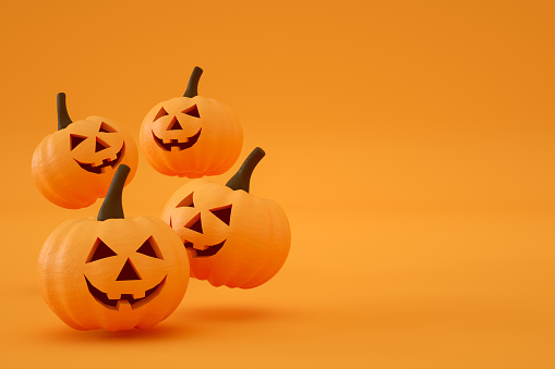 3d render, Halloween, Pumpkin, Jack O' Lantern, Smiley Face, Orange color background.