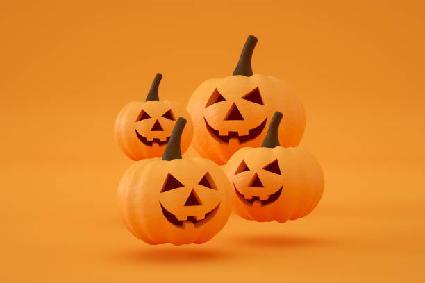 istock Pumpkins for Halloween with spooky face, Jack O' Lantern, Orange Color Background 1328267770