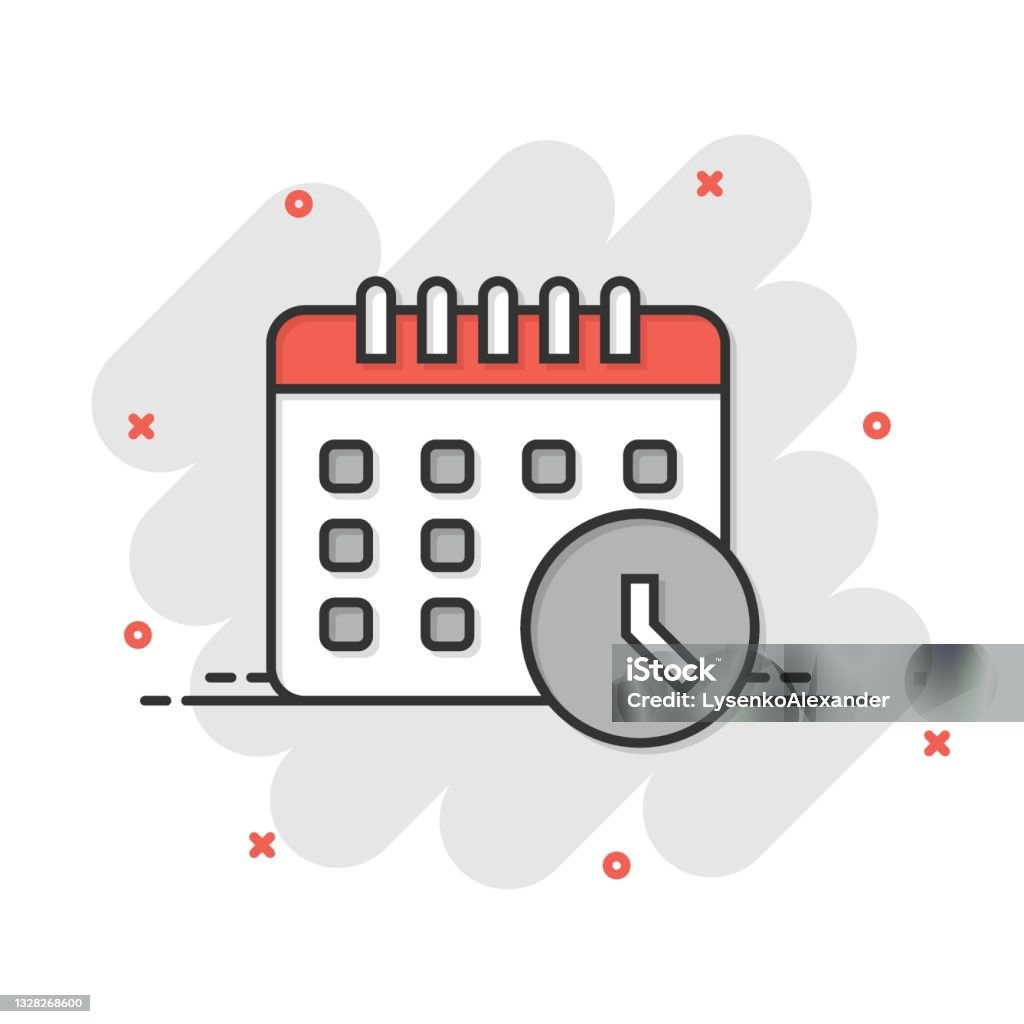 Calendar With Clock Icon In Comic Style Agenda Cartoon Vector Illustration  On White Isolated Background Schedule Time Planner Splash Effect Business  Concept Stock Illustration - Download Image Now - iStock