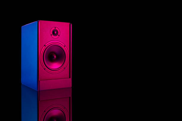 istock Stereo speaker with neon light on dark background 1328272126