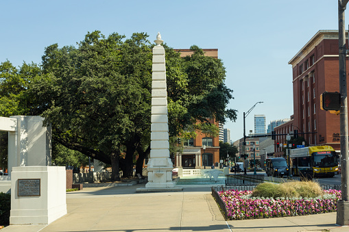 Dallas, Texas, USA - June 17th, 2021: Dealey Plaza is a city park in the West End Historic District of downtown Dallas, Texas