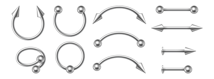 Piercing jewelry. Realistic metal nose rings. 3d earrings pierced face body accessories set. Silver cones and balls, metallic oops barbells. Vector illustration