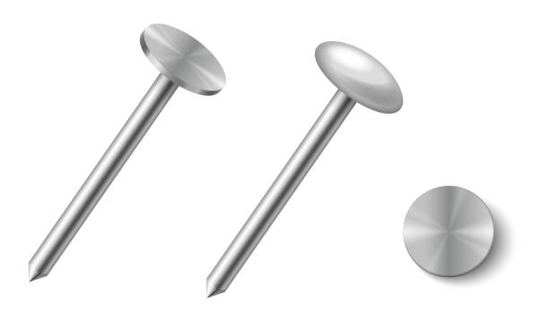 istock New metal nails set. Chrome steel building hardware with gray circle cap. Stainless metallic tools 1328278196