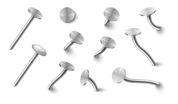 Metal chrome nails hammered into wall, straight and bent metallic hardware with gray caps vector art illustration