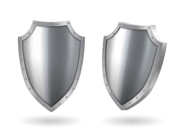 istock Metal steel shield metal realistic icon side and front view template with reflection glow 1328278208
