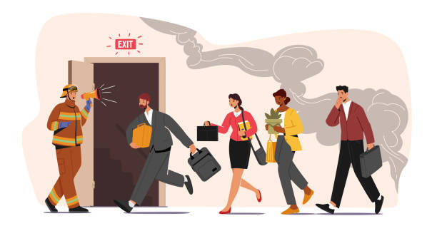 Fireman with Megaphone Announce Fire Emergency Evacuation Alarm. Alert Building Occupant Characters Escape Office Fireman with Megaphone Announce Fire Emergency Evacuation Alarm. Alert Building Occupant Characters Escape Office in Life-threatening Situation, Hazard at Workplace. Cartoon People Vector Illustration escaping illustrations stock illustrations