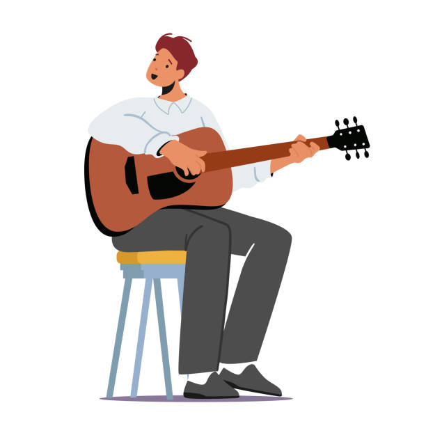 illustrations, cliparts, dessins animés et icônes de homme jouant de la guitare sur scène. musicien avec instrument à cordes se produire sur scène avec concert de musique classique ou populaire - musical instrument string illustrations