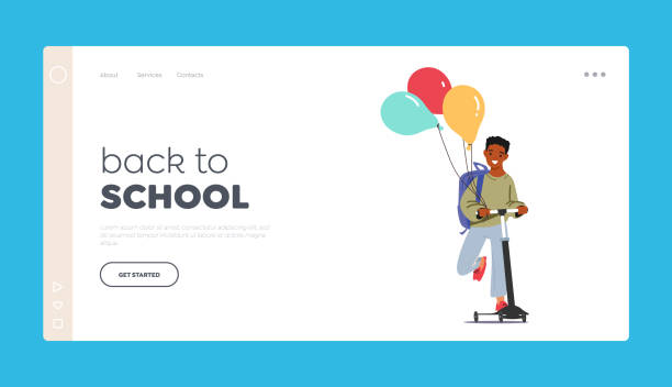 ilustrações de stock, clip art, desenhos animados e ícones de back to school landing page template. little schoolboy with backpack and balloons riding scooter. cheerful student - little boys preschooler back to school backpack