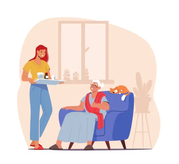 Vector illustration of Elderly Caregiving Concept. Young Female Character Bringing Medicine to Old Woman. Help to Seniors during Pandemic