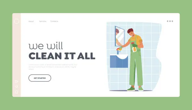 Vector illustration of Cleaning Service Landing Page Template. Character in Uniform Washing Mirror and Sink in Bathroom. Professional Cleaning