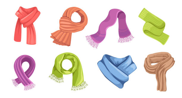 Set of Textile and Knitted Scarves of Different Design and Colors. Colorful Kerchiefs Isolated on White Background Set of Textile and Knitted Scarves of Different Design and Colors. Colorful Kerchiefs Isolated on White Background. Shawls, Accessories for Cold Weather, Fashioned Clothes. Cartoon Vector Illustration scarf stock illustrations