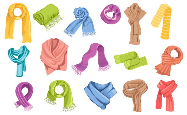 ilustrações de stock, clip art, desenhos animados e ícones de set of kerchiefs for men and women, different scarves fashioned clothing isolated on white background. colorful shawls - shawl