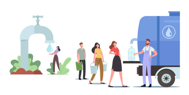 Male and Female Characters with Buckets Stand in Line for Purchasing Fresh Aqua. People Buying Clean Drinking Water Male and Female Characters with Buckets Stand in Line for Purchasing Fresh Aqua. People Buying Clean Drinking Water in Outdoor Tank with Tap, Drinkable Beverage Sale. Cartoon Vector Illustration outdoor water spigot stock illustrations