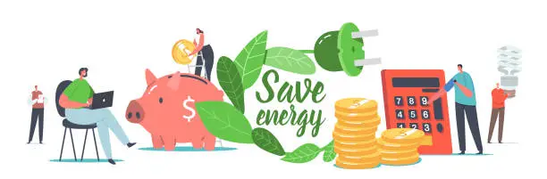Vector illustration of Save Energy Environmental Concept. Tiny Male Female Characters Put Coins into Huge Piggy Bank, Use Energy Saving Lamps
