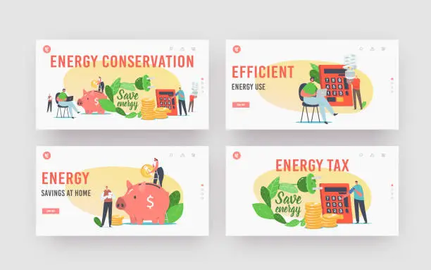Vector illustration of Energy Conservation Landing Page Template Set. Tiny Male Female Characters Put Coins to Huge Piggy Bank, Energy Saving