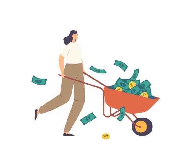 Vector illustration of Rich Millionaire Businesswoman Character with Money Wheelbarrow Full of Gold Coins and Dollars. Business Growth, Wealth