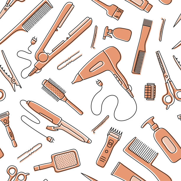 istock Hairdressing tools seamless pattern. Line sketch. Professional hair dresser equipment. Hand drawn doodle vector illustration. Barbershop symbol. Hairdryer, scissors, comb, straightener and curler 1328278764