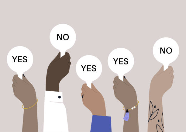 A diverse group of people holding yes no signs, a voting concept A diverse group of people holding yes no signs, a voting concept counting votes stock illustrations