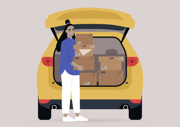 ilustraciones, imágenes clip art, dibujos animados e iconos de stock de joven personaje femenino asiático que lleva cajas de cartón con pertenencias personales empacadas en ellas, una escena de mudanza - hatchback