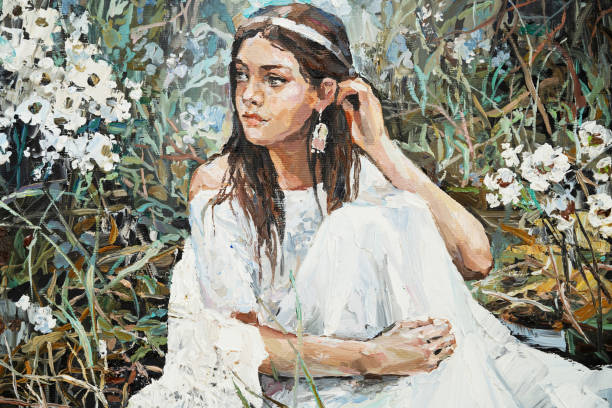 ilustrações de stock, clip art, desenhos animados e ícones de a young girl is sitting in an ethnic white dress. - background cosy beauty close up
