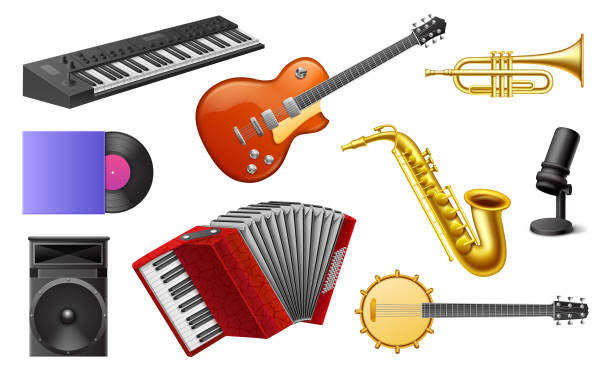 musikinstrumente realistisches set - jukebox icon stock-grafiken, -clipart, -cartoons und -symbole