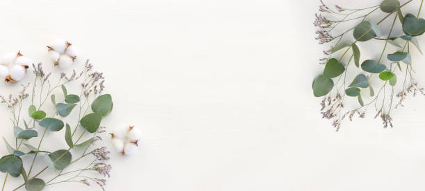 istock Top view image of eucalyptus composition on white wooden background .Flat lay. banner 1328282374
