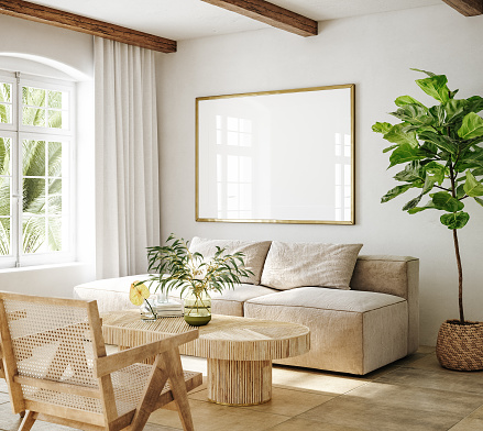 Mockup frame in living room interior of Spanish villa, 3d render