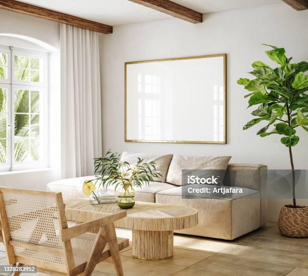 Mockup Frame In Living Room Interior Of Spanish Villa Stock Photo - Download Image Now