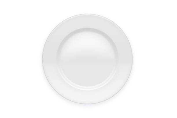 White plate isolated on white background. Kitchen dishes for food, kitchen, porcelain dishware. eramic empty round dish bowl for your product, tableware design element. Top view