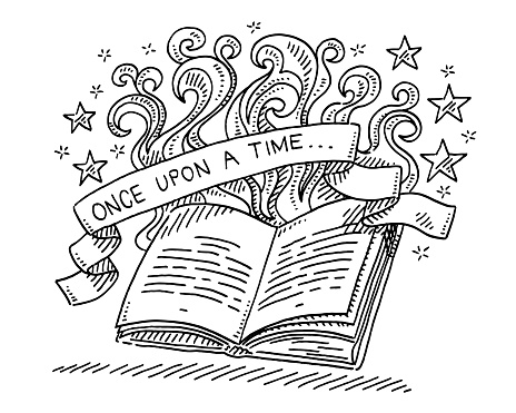 Hand-drawn vector drawing of a Once Upon A Time Fairy Tale Book. Black-and-White sketch on a transparent background (.eps-file). Included files are EPS (v10) and Hi-Res JPG.