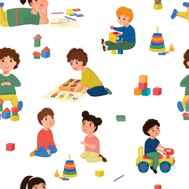 дети играют в детском саду. бесшовный узор. - real people illustrations stock illustrations
