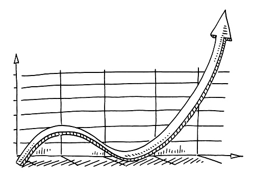 Hand-drawn vector drawing of a Growth Graph Arrow Symbol. Black-and-White sketch on a transparent background (.eps-file). Included files are EPS (v10) and Hi-Res JPG.