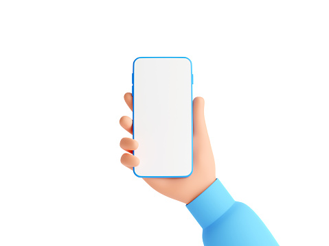 Mobile phone mockup with empty white screen in human hand 3d render illustration. Hand in pink sweater holding smartphone. Mobile digital gadget in arm isolated on white background.