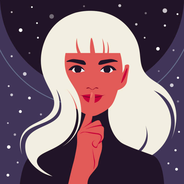 Portrait of a teenage girl put a finger to her lips. Secret Portrait of a teenage girl put a finger to her lips. Secret information. The face of a mysterious child. Vector flat illustration blond hair illustrations stock illustrations