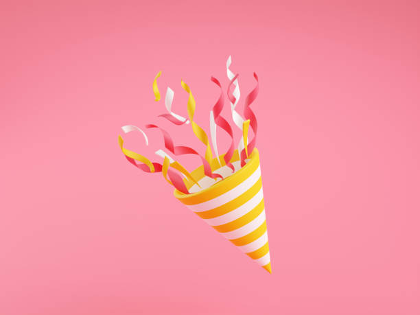 istock Party popper with flying confetti 3d render illustration on pink background. 1328287226