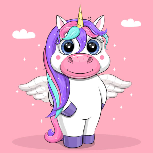 Unicorn with wings. Cute cartoon vector illustration on pink background. pony wings stock illustrations
