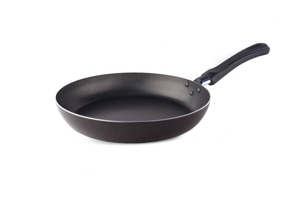 New empty frying grill metal pan for cooking isolated on white background. Empty skillet cast Iron pan for copy space.